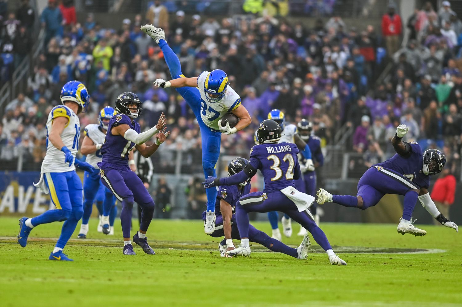 Dec 10, 2023; Baltimore, Maryland, USA; Los Angeles Rams tight end Davis Allen (87) leaps after a first half catch during the first half against the Baltimore Ravens at M&T Bank Stadium. Mandatory Credit: Tommy Gilligan-USA TODAY Sports
